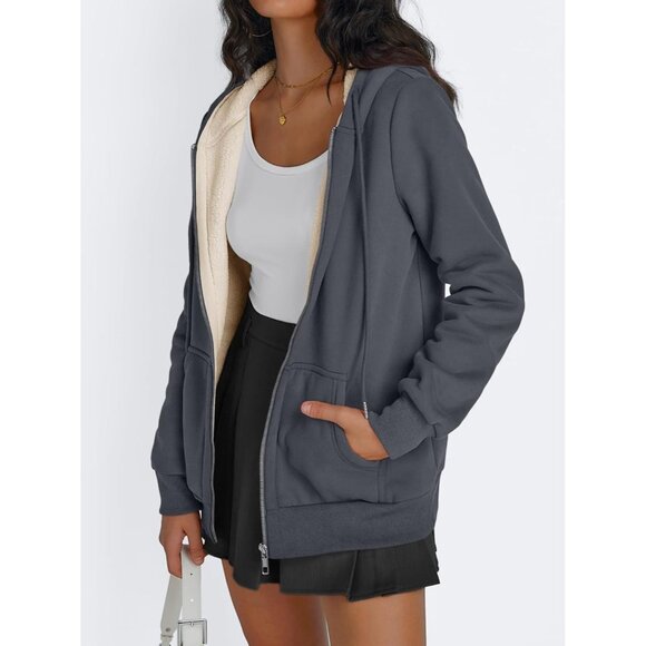 Womens Dark grey Fleece Lined Zip Up Hoodie Jacket Winter Sweatshirt Fall Coat - Picture 3 of 5